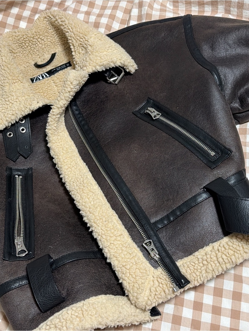 ZARA Dark Brown & Cream Faux Shearling Aviator Jacket